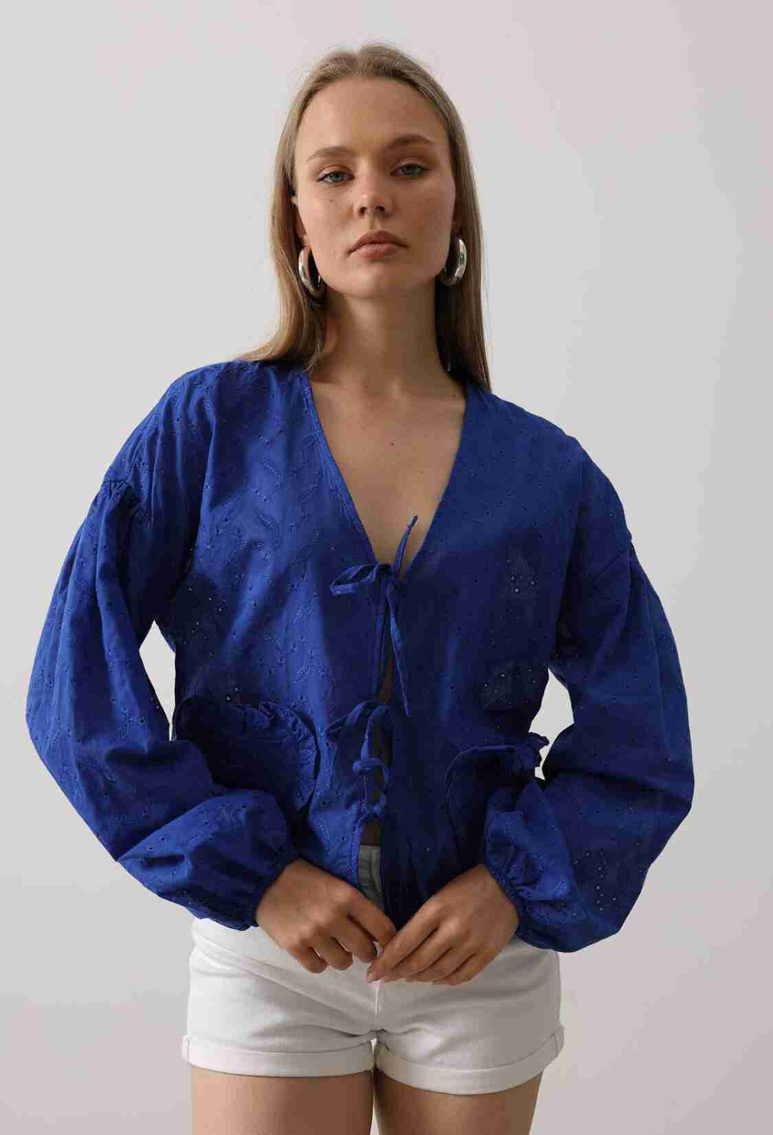 Heart Detailed Tie Embroidered Blouse - Saks - Brand: Reyon - Women & Kids, Baby Clothes Wholesale - TheBS Women