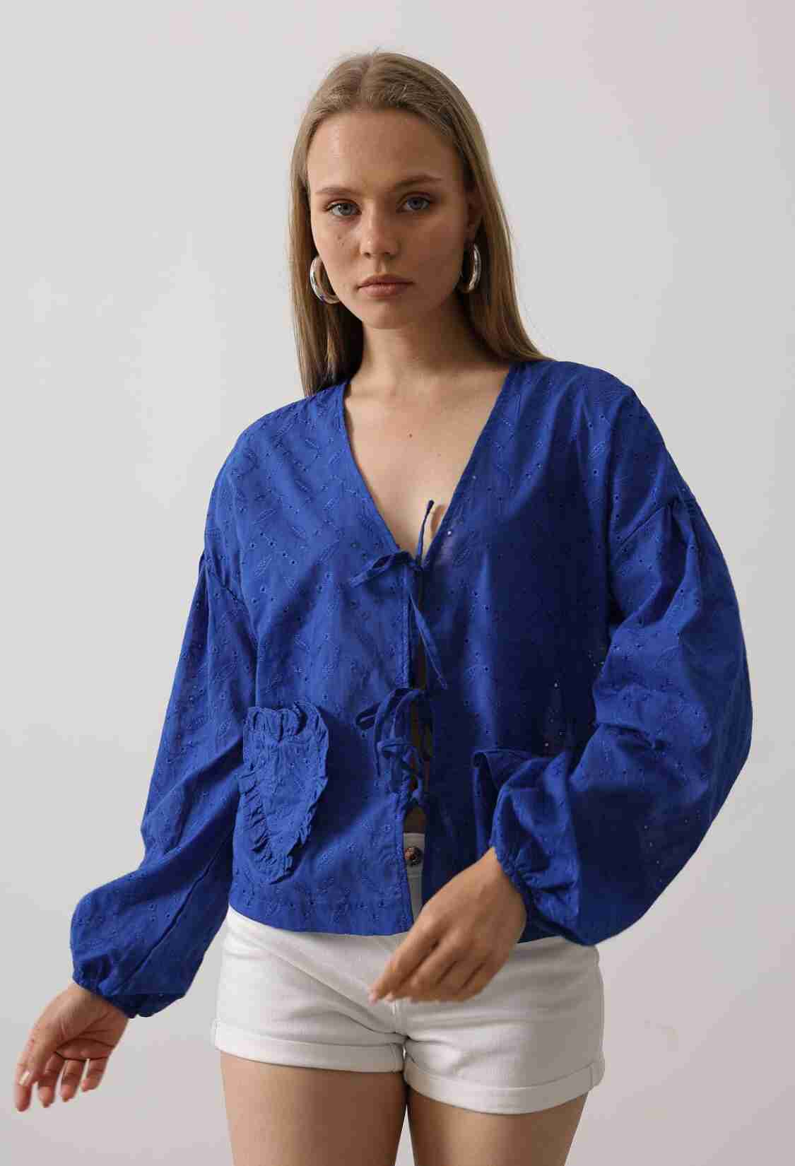 Heart Detailed Tie Embroidered Blouse - Saks - Brand: Reyon - Women & Kids, Baby Clothes Wholesale - TheBS Women