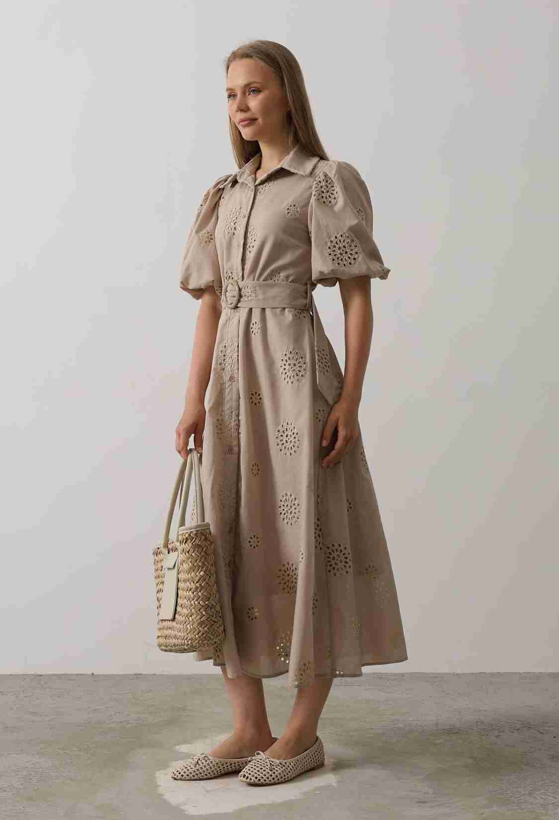 Embroidered Dress With Balloon Sleeve Belt - Brand: Reyon - Women & Kids, Baby Clothes Wholesale - TheBS Women
