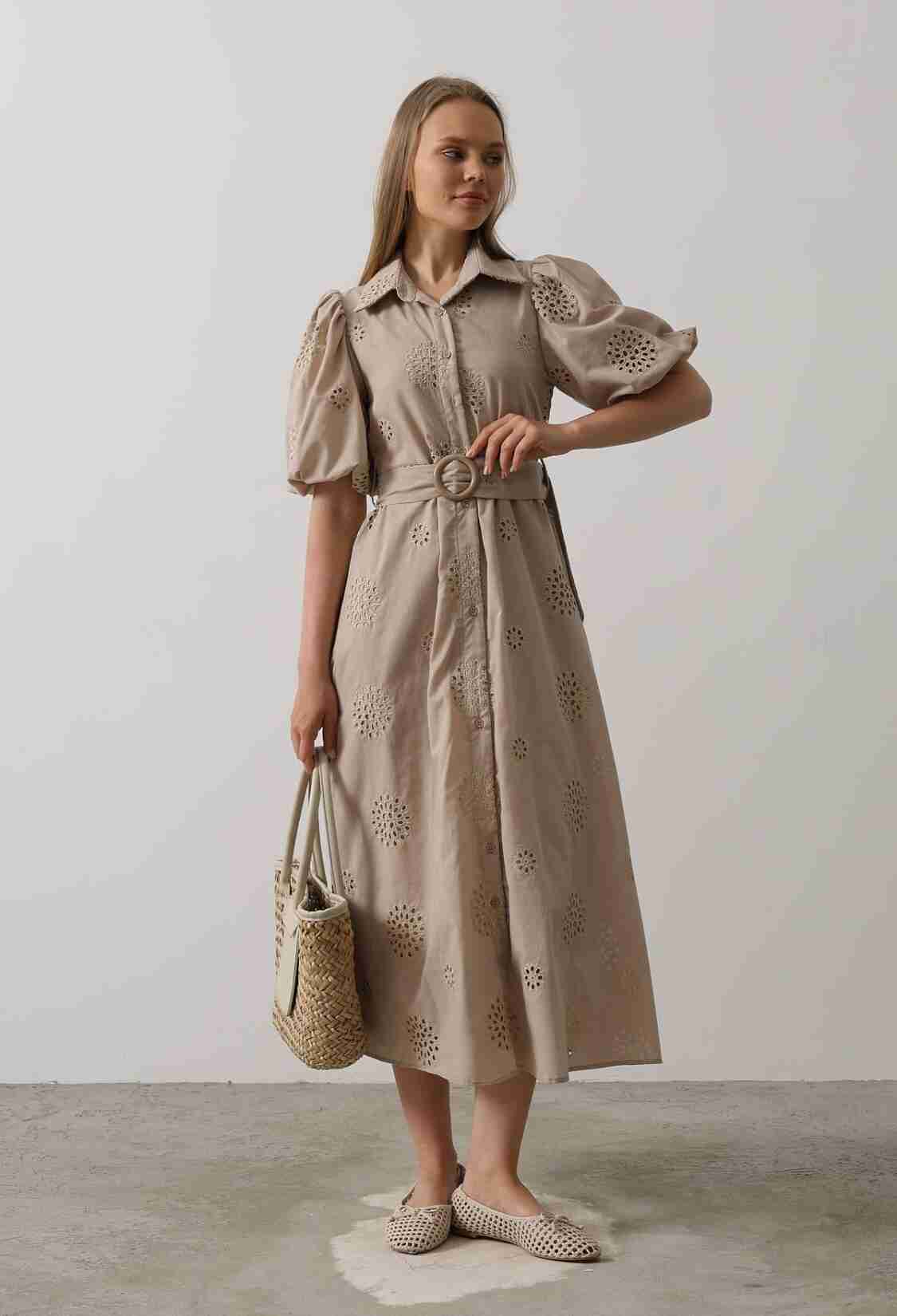 Embroidered Dress With Balloon Sleeve Belt - Brand: Reyon - Women & Kids, Baby Clothes Wholesale - TheBS Women