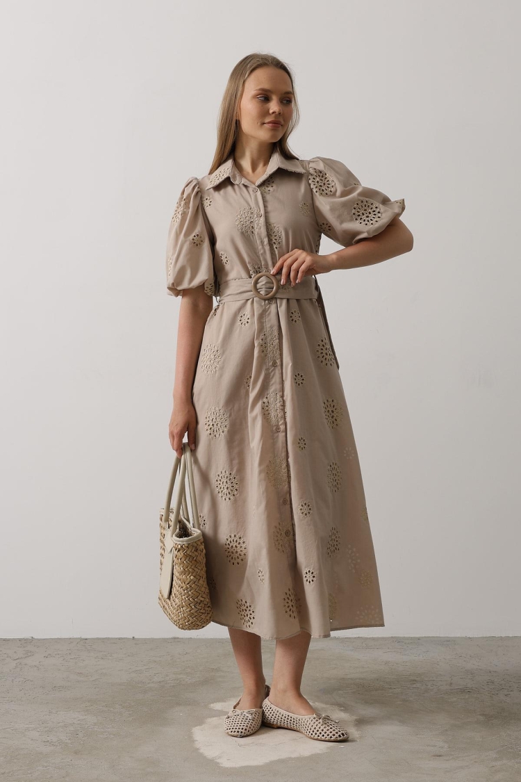 Embroidered Dress With Balloon Sleeve Belt - Brand: Reyon - Women & Kids, Baby Clothes Wholesale - TheBS Women