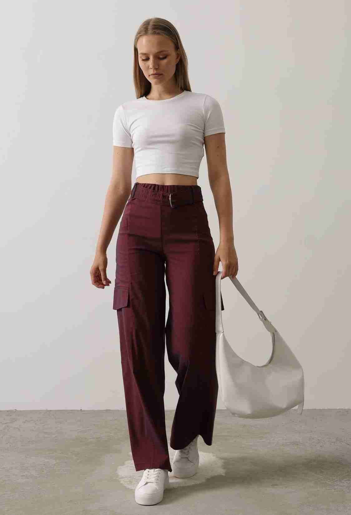 Belted Cargo Pants - Burgundy - Brand: Reyon - Women & Kids, Baby Clothes Wholesale - TheBS Women