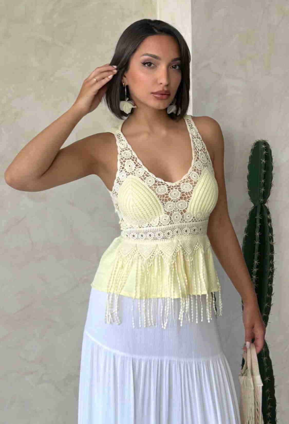 Guipure Detailed Strap Wholesale Blouse