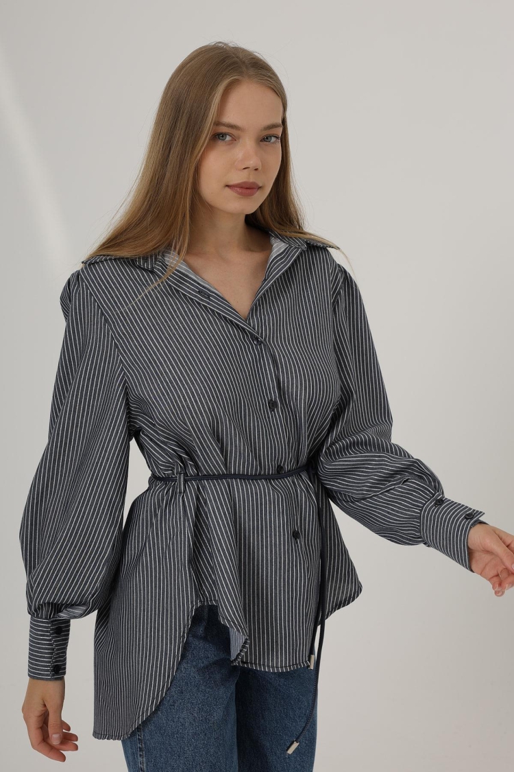 Silvery Striped Belted Shirt - Navy - Brand: Reyon - Women & Kids, Baby Clothes Wholesale - TheBS Women