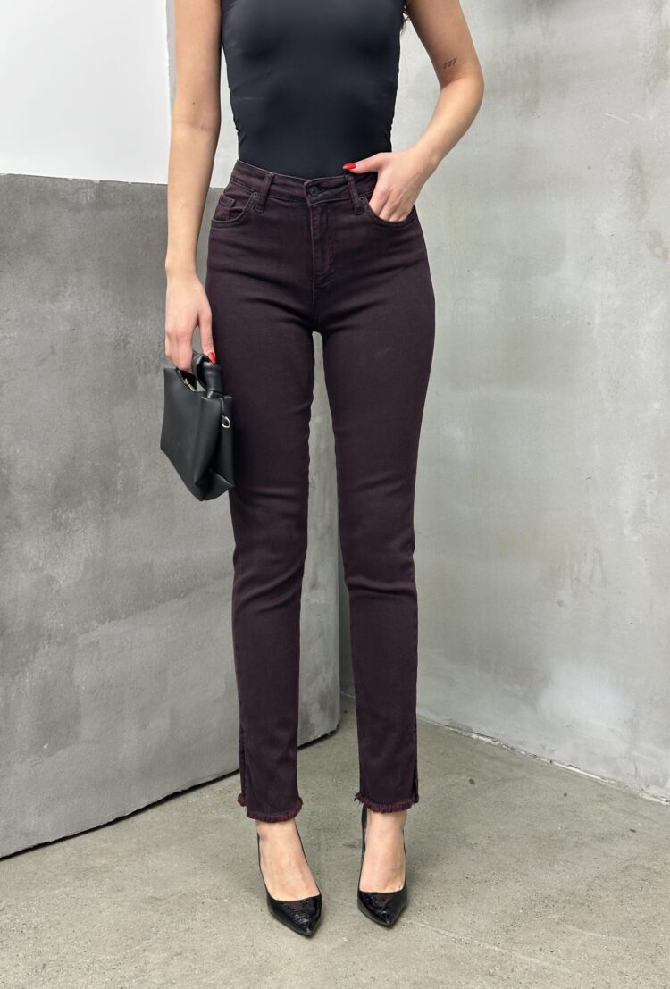 High Waist Leg Dirty Sewing Detailed Side Slit Burgundy Jeans - Brand: LACARINO - Women & Kids, Baby Clothes Wholesale - TheBS Women