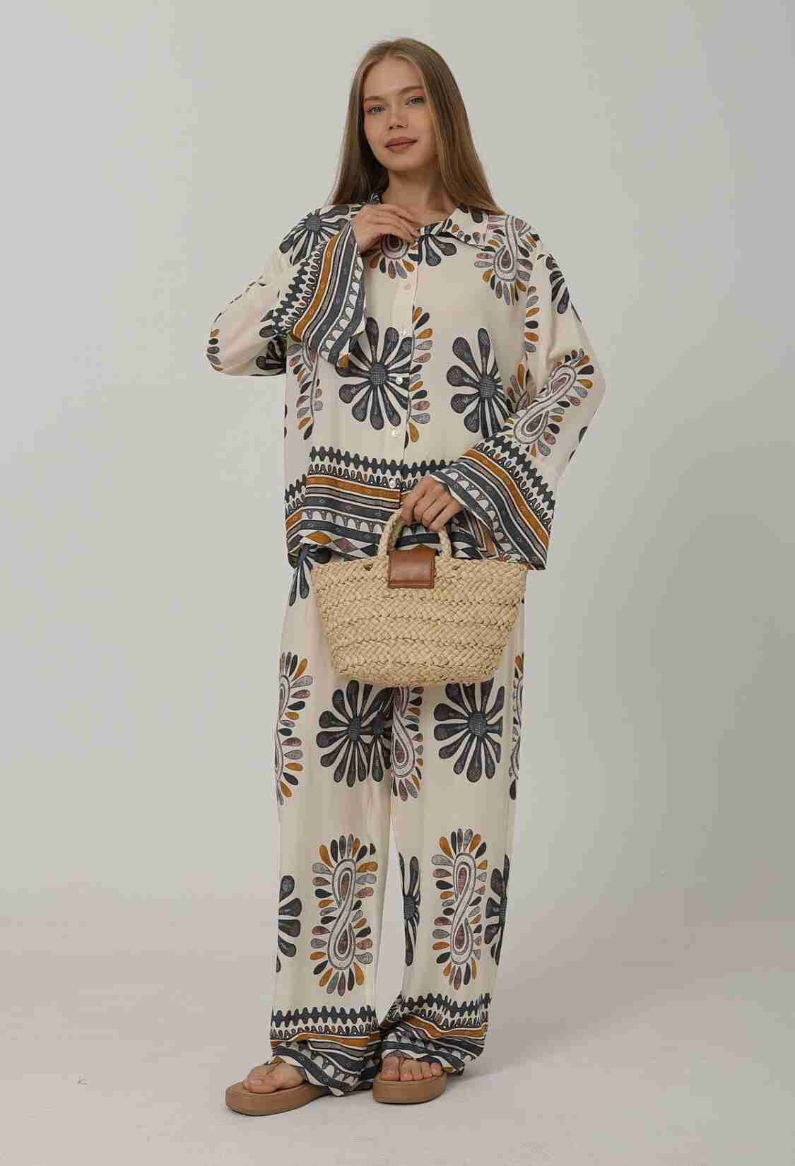 Patterned Sleeves Ruffle Trousers Set - Brand: Reyon - Women & Kids, Baby Clothes Wholesale - TheBS Women