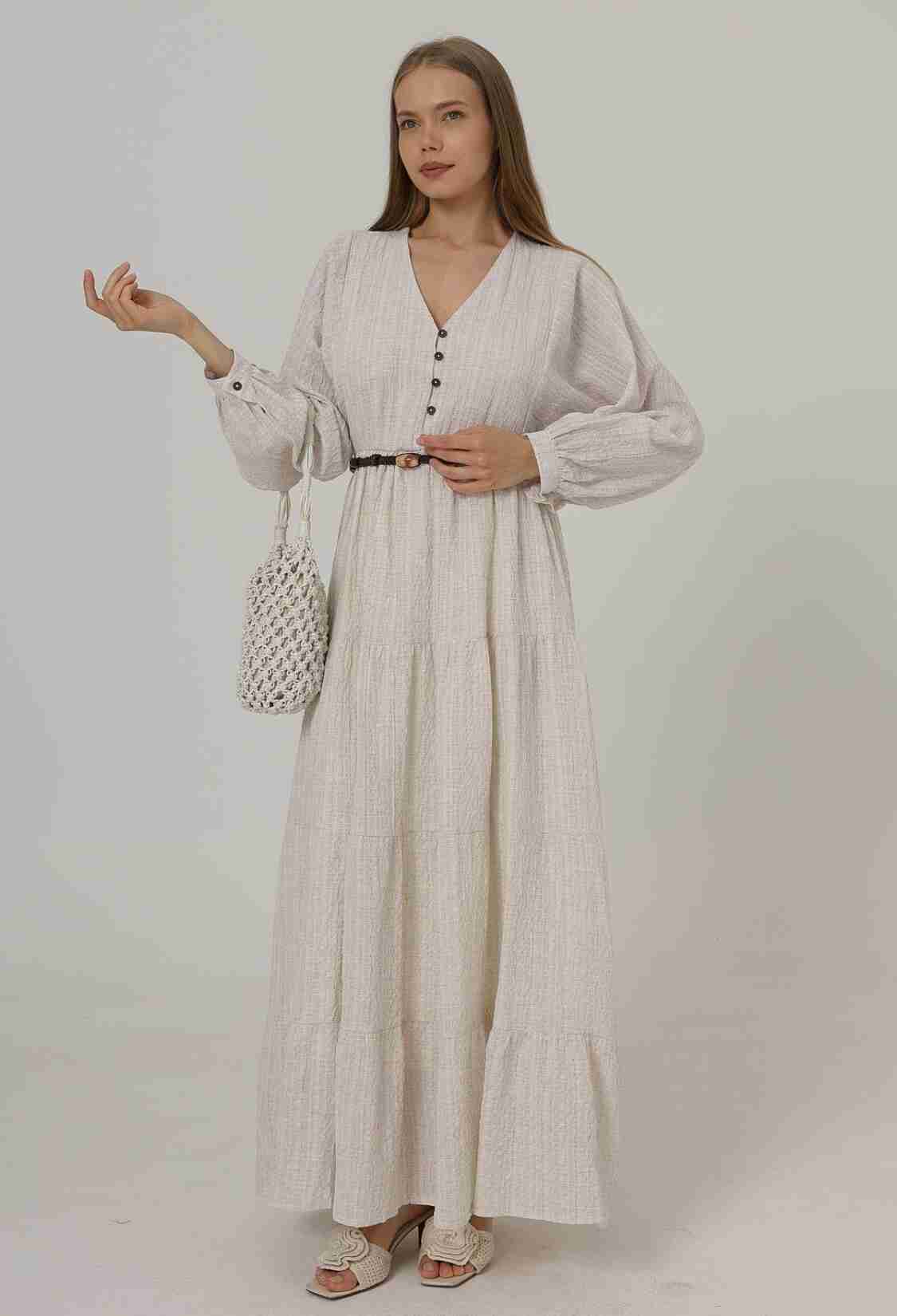 Long Sleeve Belted Dress With Half Button Front - Natural - Brand: Reyon - Women & Kids, Baby Clothes Wholesale - TheBS Women