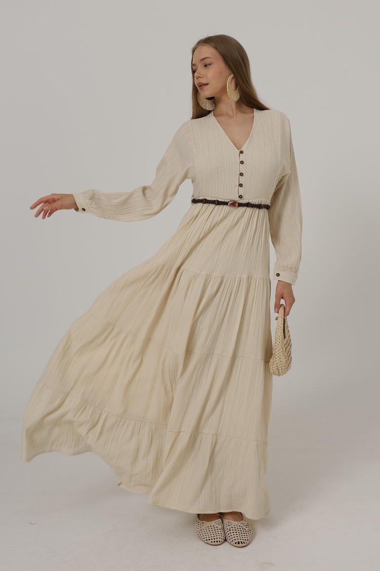 Half Button Front Long Sleeve Belted Dress - Brand: Reyon - Women & Kids, Baby Clothes Wholesale - TheBS Women
