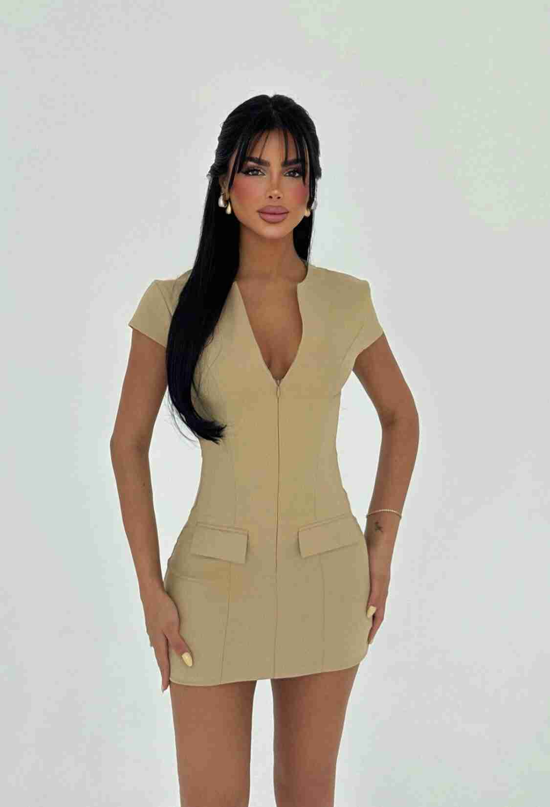 Sexy Elegant Beige Bodycon Mini Dress - Brand: EYYO ATELIER - Women & Kids, Baby Clothes Wholesale - TheBS Women