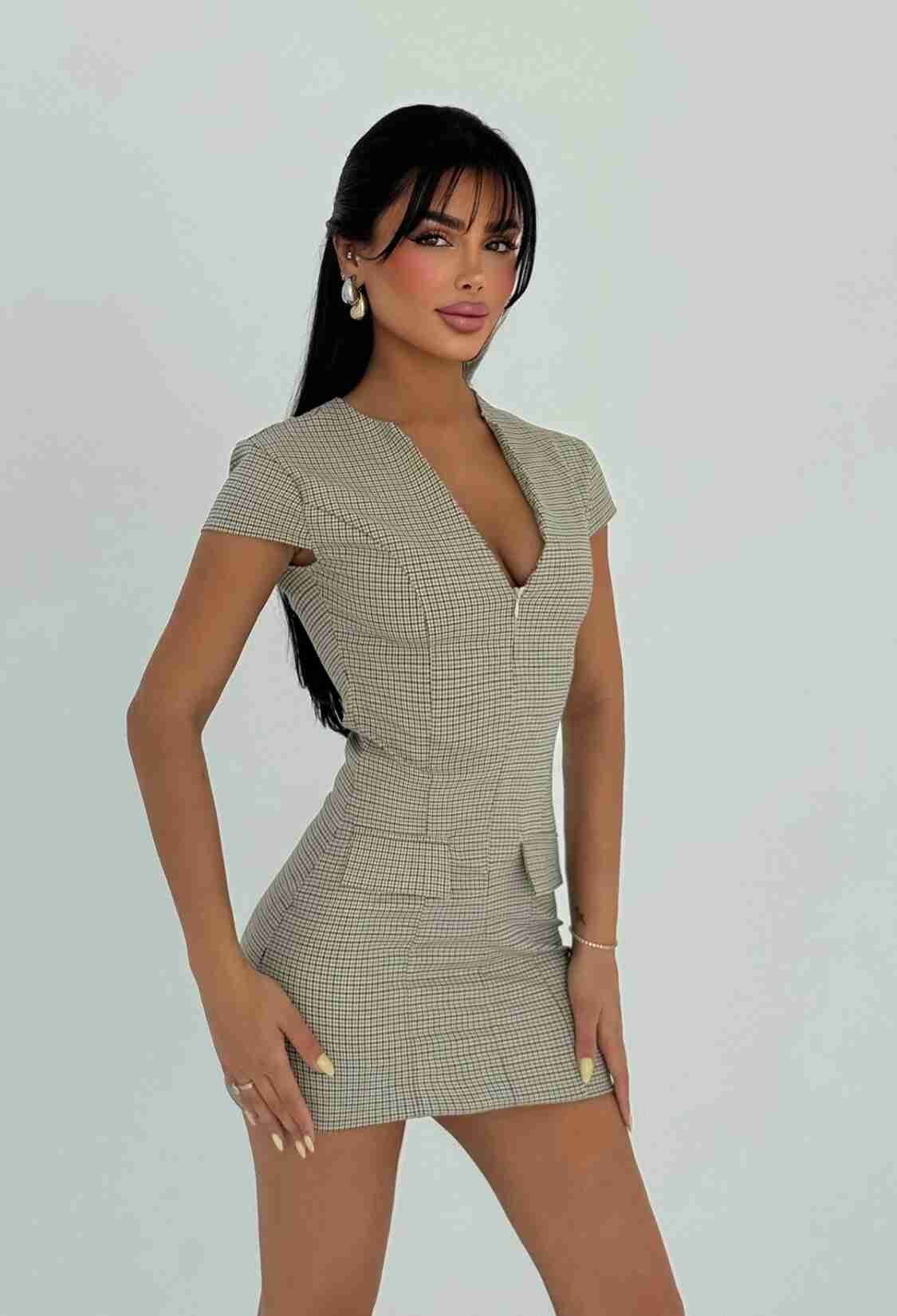 Elegant Beige Bodycon Mini Dress With Checkered Pattern - Brand: EYYO ATELIER - Women & Kids, Baby Clothes Wholesale - TheBS Women