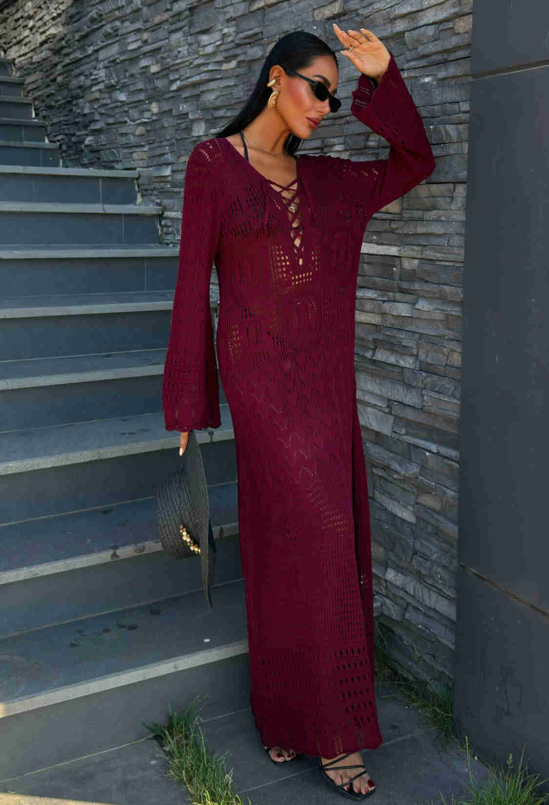 Brit Detailed Openwork Dress - Burgundy - Brand: Sobe Istanbul - Women & Kids, Baby Clothes Wholesale - TheBS Women