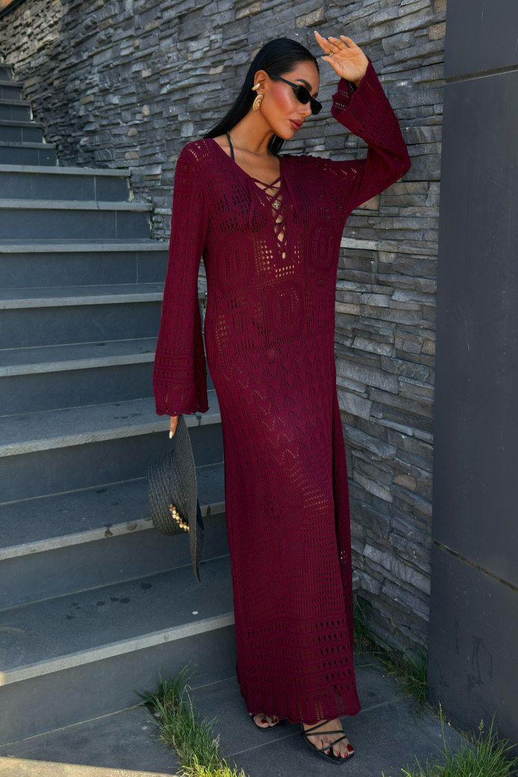 Brit Detailed Openwork Dress - Burgundy - Brand: Sobe Istanbul - Women & Kids, Baby Clothes Wholesale - TheBS Women