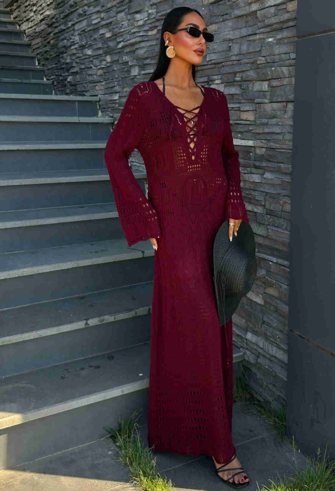 Brit Detailed Openwork Dress - Burgundy - Brand: Sobe Istanbul - Women & Kids, Baby Clothes Wholesale - TheBS Women