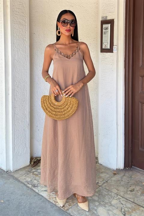 Beige Elegant Slip Dress With V-Neck - Brand: Sobe Istanbul - Women & Kids, Baby Clothes Wholesale - TheBS Women