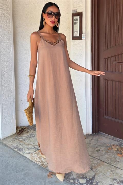 Beige Elegant Slip Dress With V-Neck - Brand: Sobe Istanbul - Women & Kids, Baby Clothes Wholesale - TheBS Women