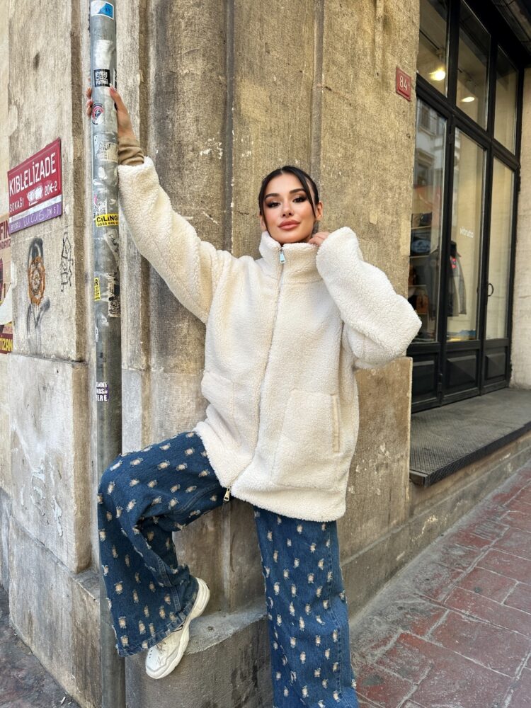 Beige Teddy Jacket Oversized Fit With High Collar - Brand: My Jest Fashion - Women & Kids, Baby Clothes Wholesale - TheBS Women