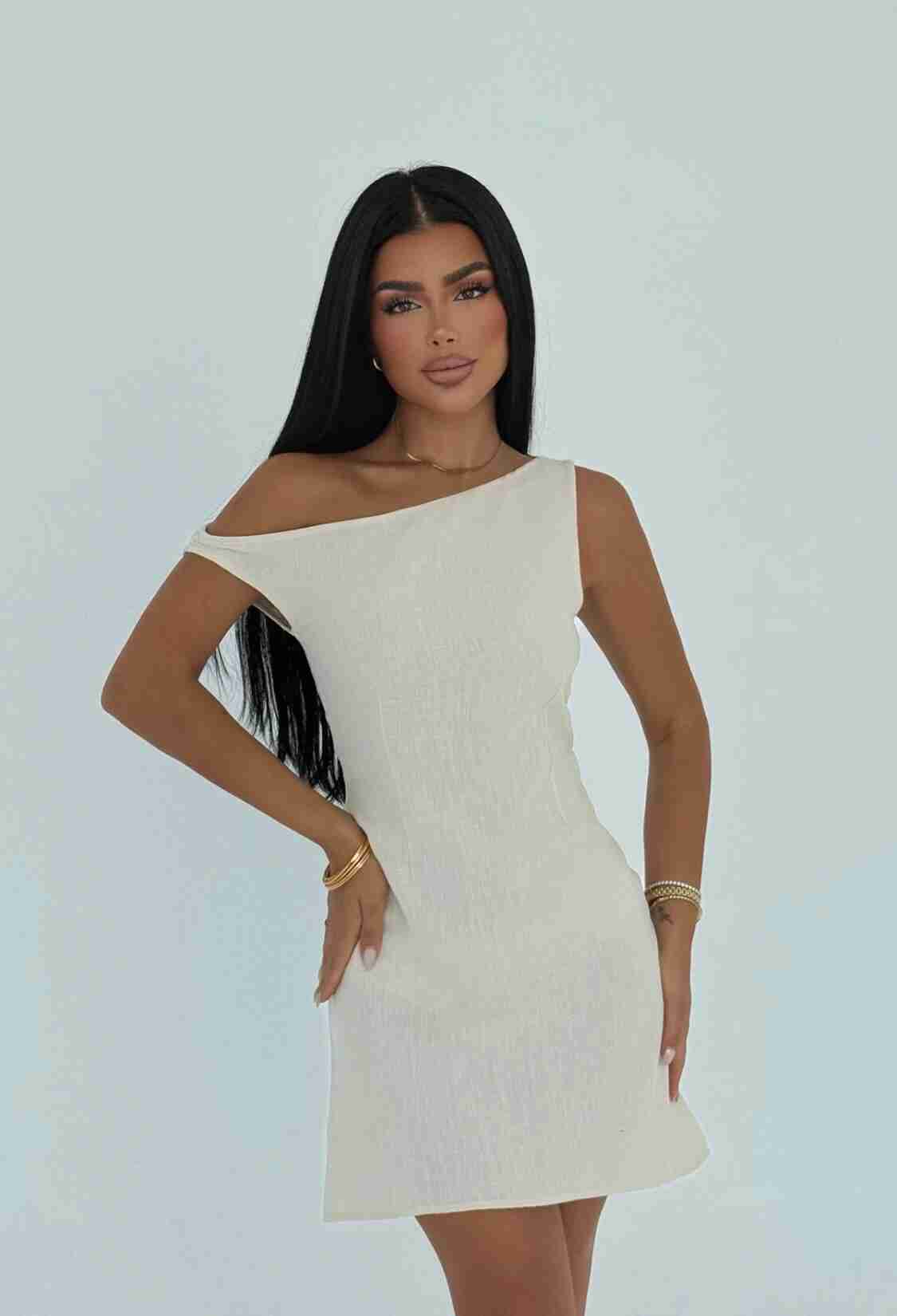 Beige One Shoulder Neck Bodycon Mini Dress - Brand: EYYO ATELIER - Women & Kids, Baby Clothes Wholesale - TheBS Women