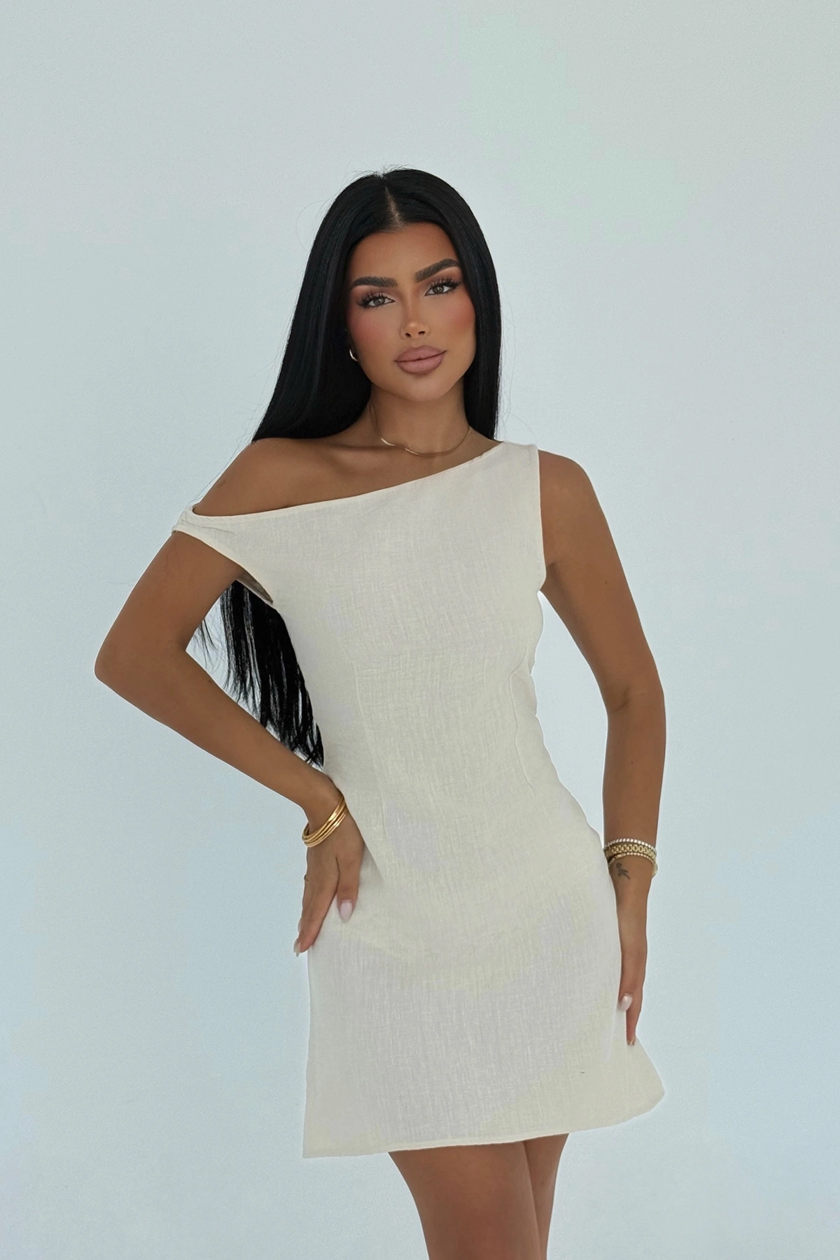 Beige One Shoulder Neck Bodycon Mini Dress - Brand: EYYO ATELIER - Women & Kids, Baby Clothes Wholesale - TheBS Women