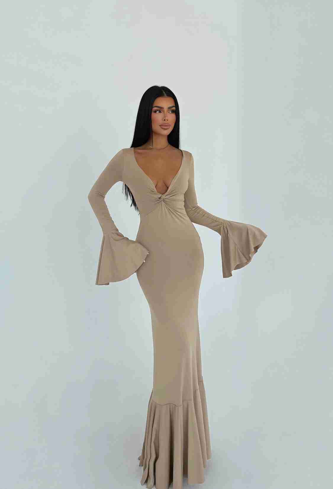 Beige Sexy Elegant Formal Glam Bodycon Dress - Brand: EYYO ATELIER - Women & Kids, Baby Clothes Wholesale - TheBS Women