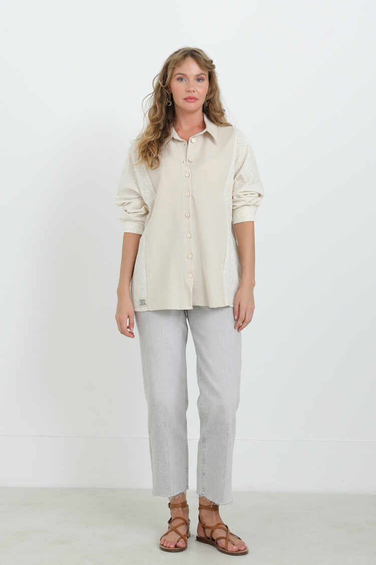 Beige Casual Oversized Fit Shirt With Notched Neck - Brand: SOUL - Women & Kids, Baby Clothes Wholesale - TheBS Women