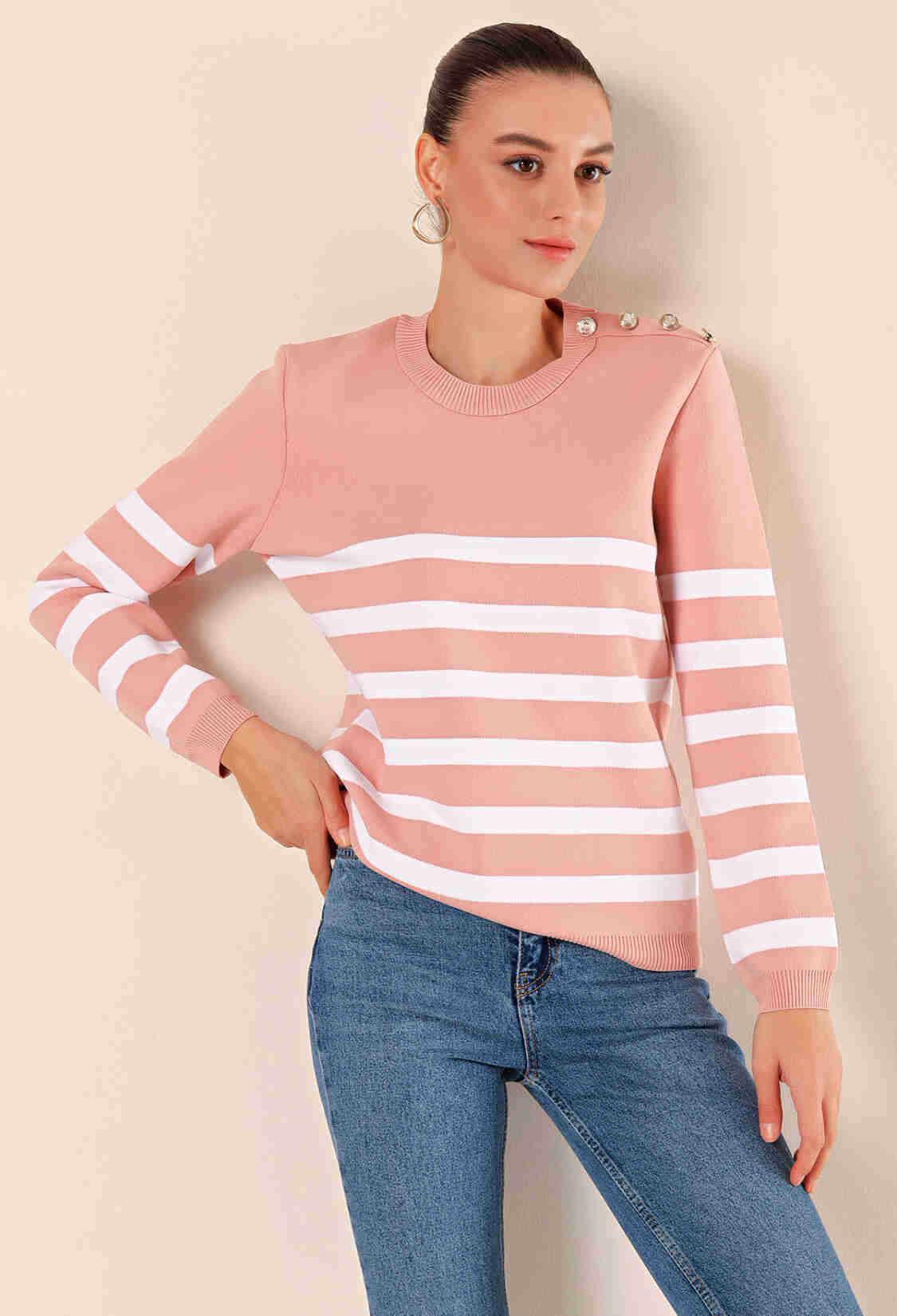 Button Detail Striped Sweater - Powder - Brand: Bigdart - Women & Kids, Baby Clothes Wholesale - TheBS Women