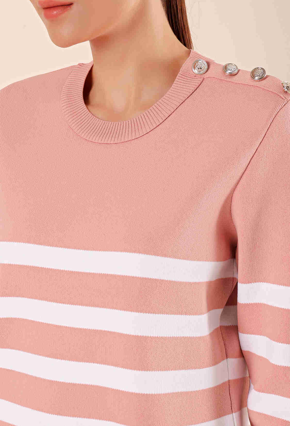 Button Detail Striped Sweater - Powder - Brand: Bigdart - Women & Kids, Baby Clothes Wholesale - TheBS Women