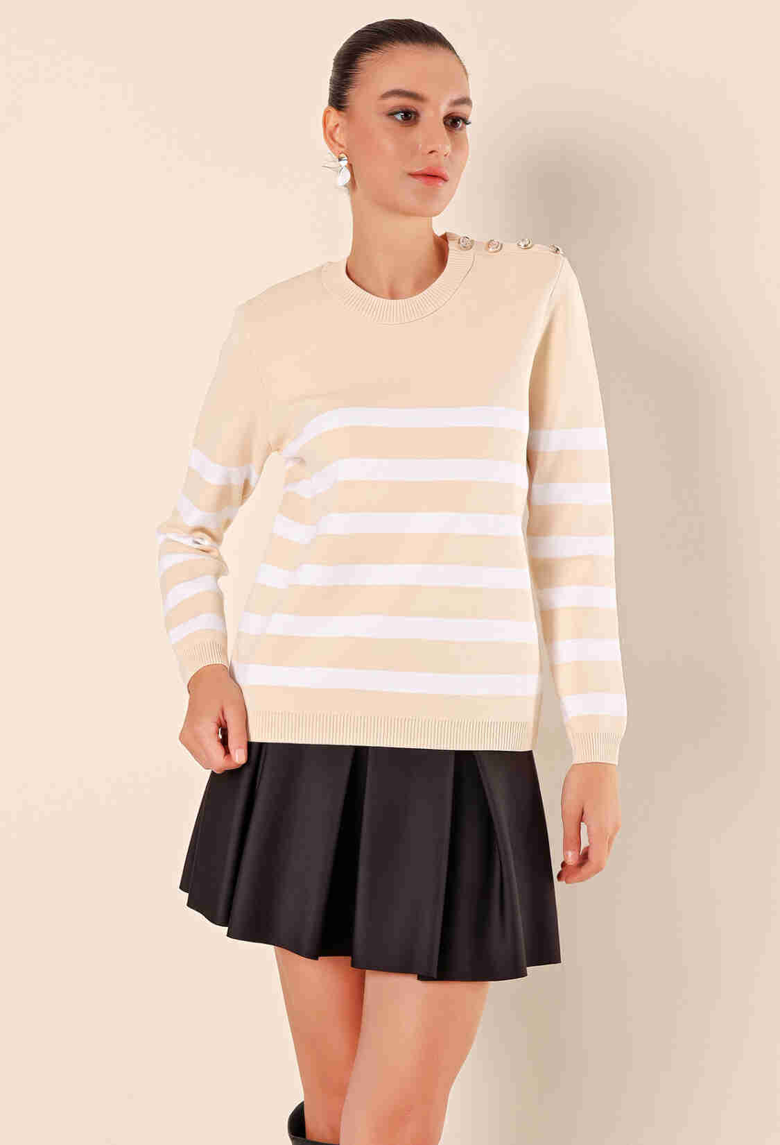 Button Detailed Striped Sweater - Brand: Bigdart - Women & Kids, Baby Clothes Wholesale - TheBS Women