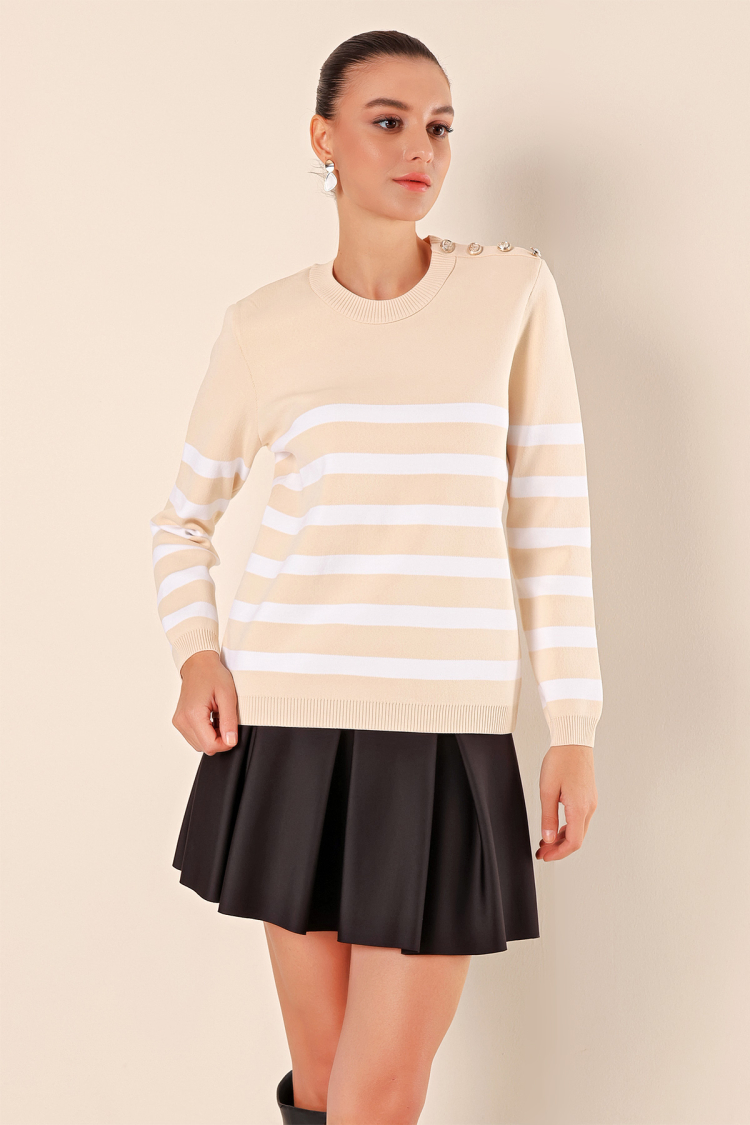 Button Detailed Striped Sweater - Brand: Bigdart - Women & Kids, Baby Clothes Wholesale - TheBS Women