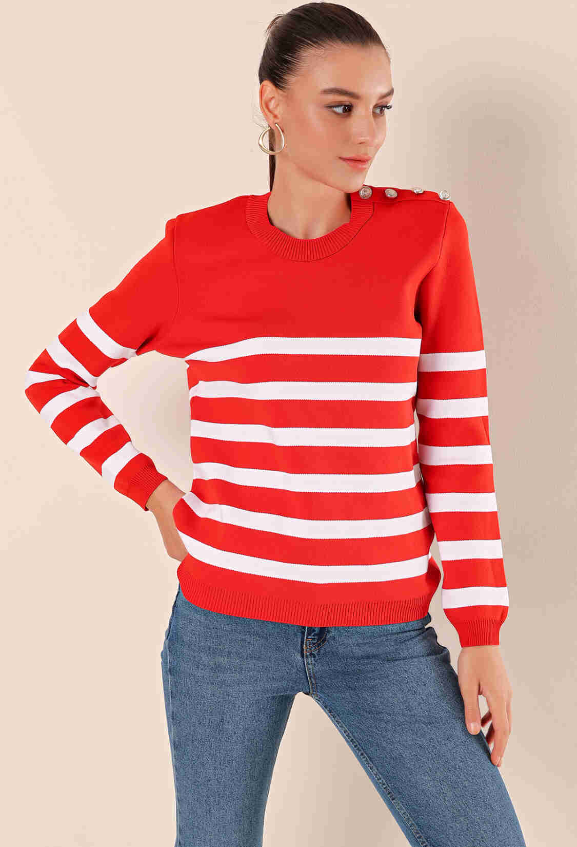 Button Detailed Striped Sweater - Brand: Bigdart - Women & Kids, Baby Clothes Wholesale - TheBS Women