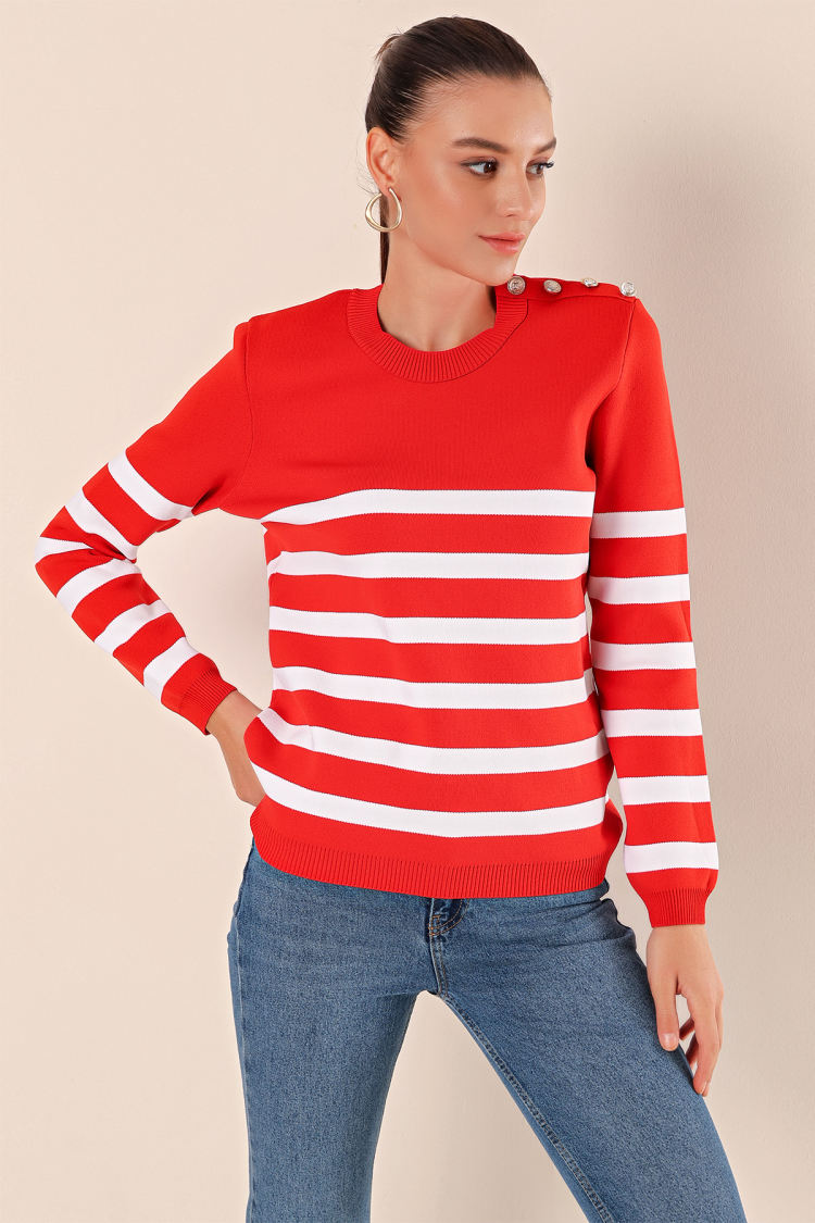 Button Detailed Striped Sweater - Brand: Bigdart - Women & Kids, Baby Clothes Wholesale - TheBS Women