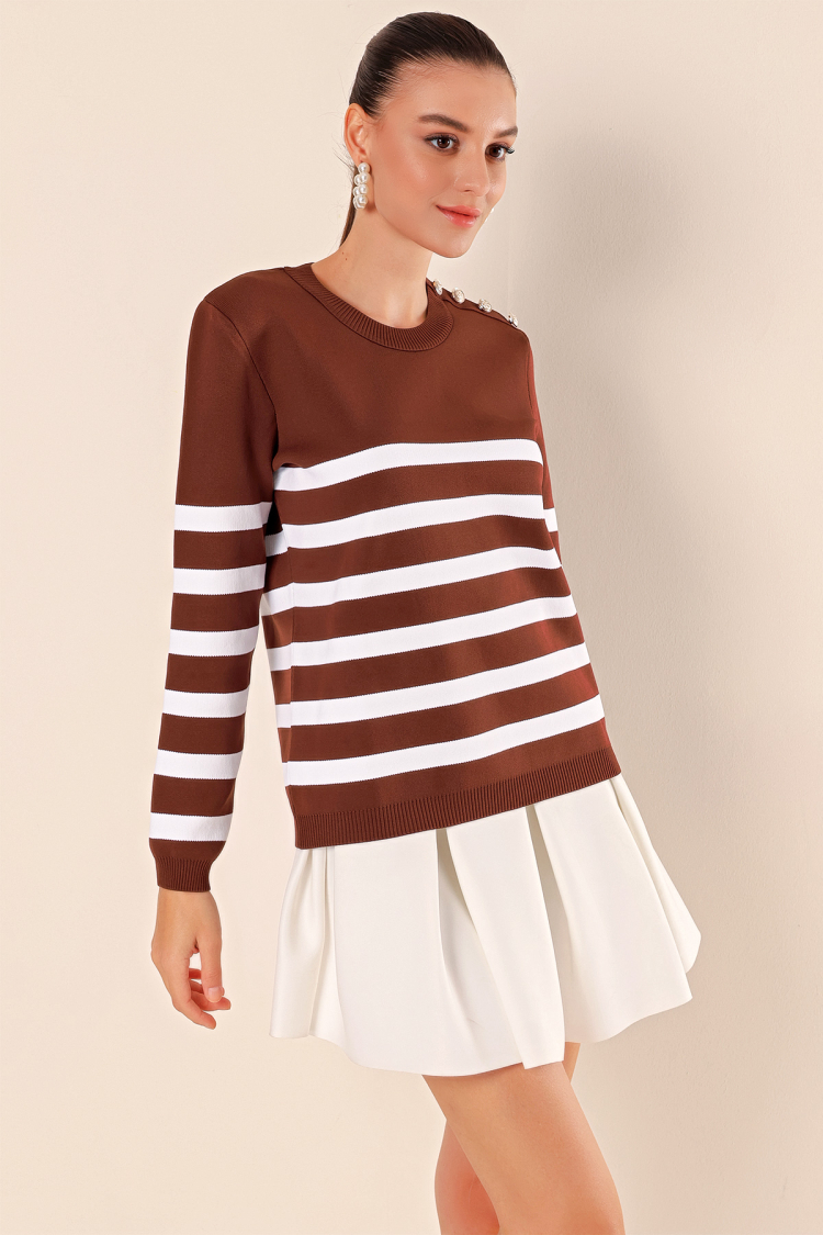 Button Detail Striped Sweater - Brand: Bigdart - Women & Kids, Baby Clothes Wholesale - TheBS Women