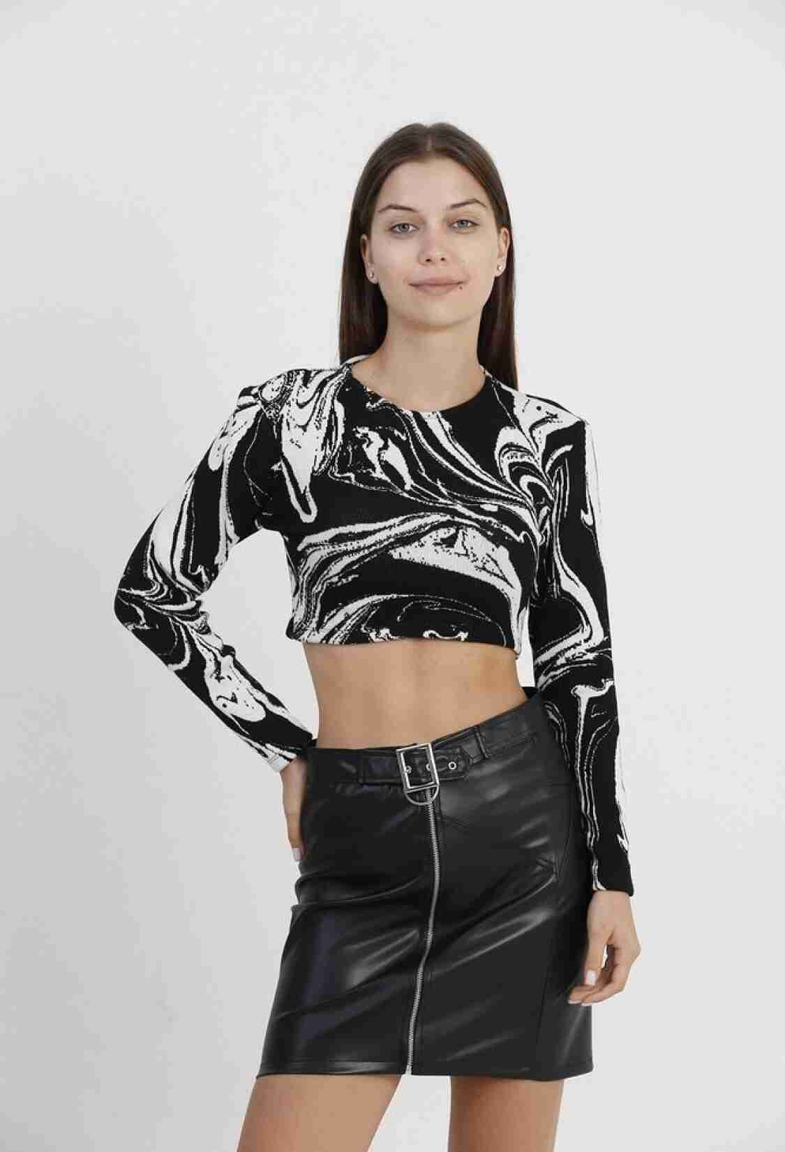 Black Marbled Crop Jacquard Blouse - Brand: Topshow - Women & Kids, Baby Clothes Wholesale - TheBS Women