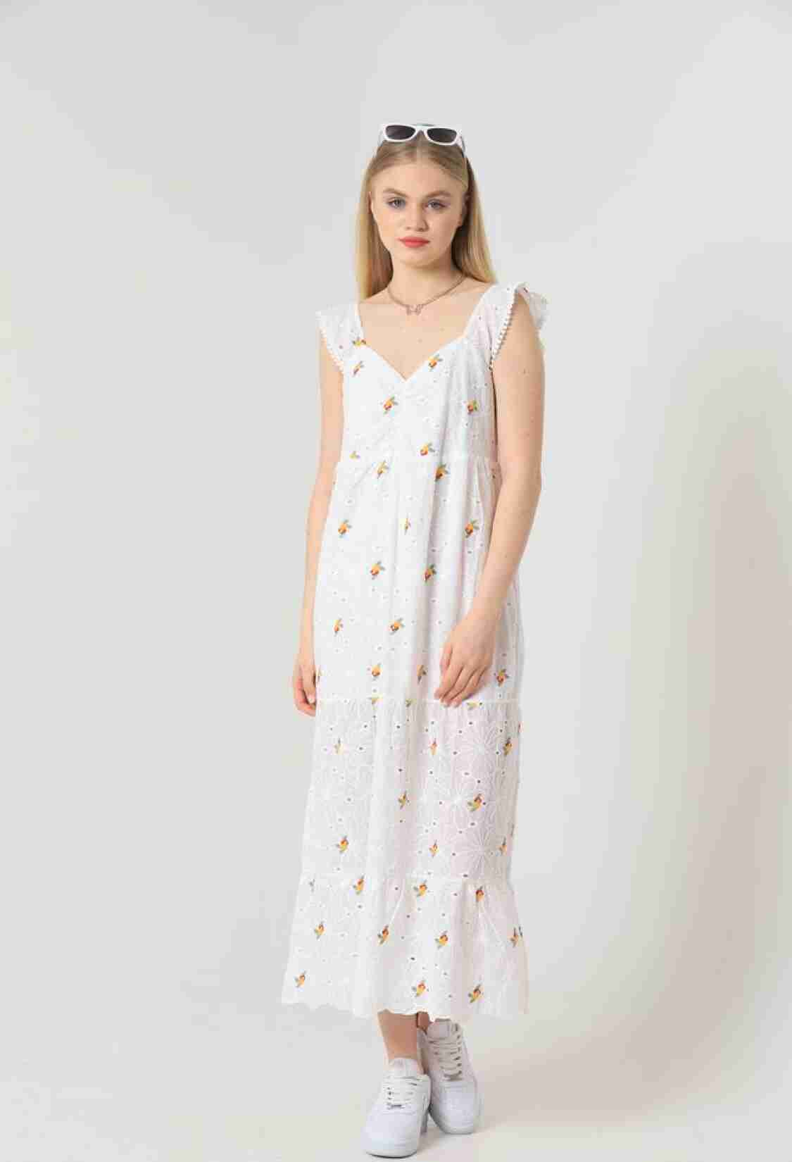 Yellow Floral V-Neck Gathered Dress - White - Brand: Topshow - Women & Kids, Baby Clothes Wholesale - TheBS Women