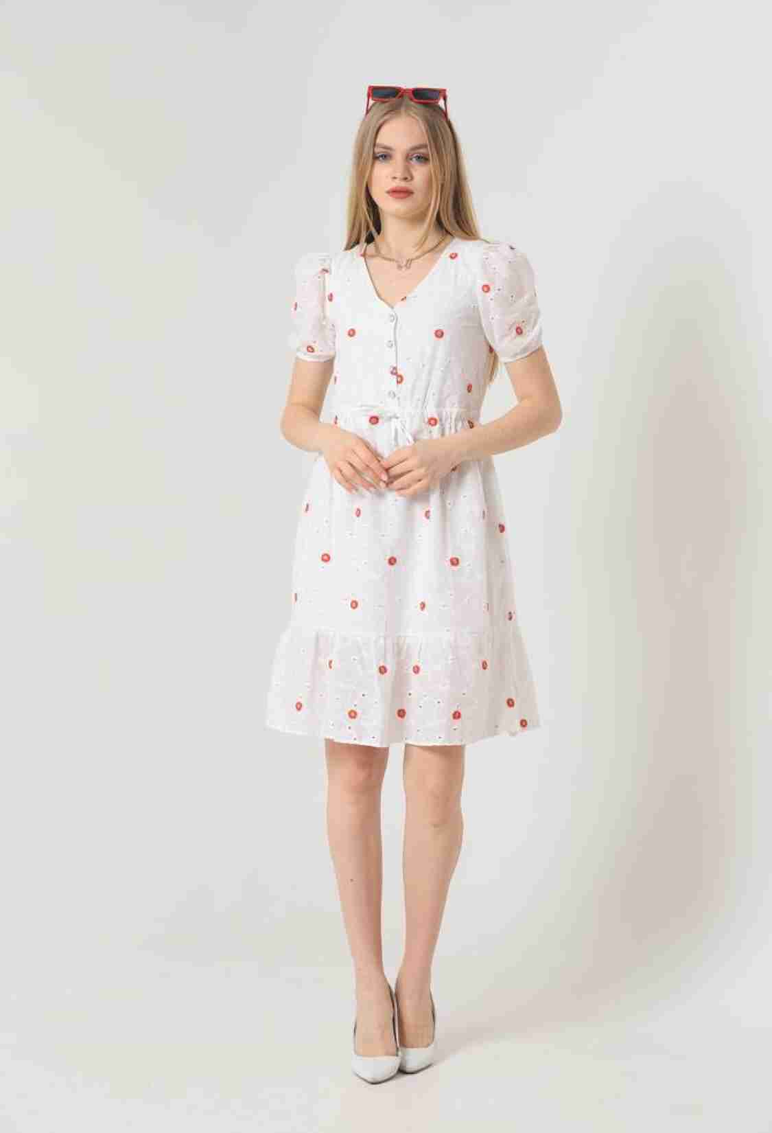 Red Knee Length Floral Dress - White - Brand: Topshow - Women & Kids, Baby Clothes Wholesale - TheBS Women