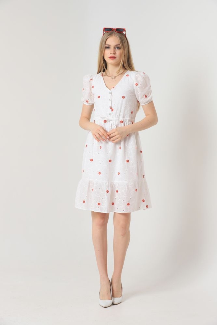 Red Knee Length Floral Dress - White - Brand: Topshow - Women & Kids, Baby Clothes Wholesale - TheBS Women