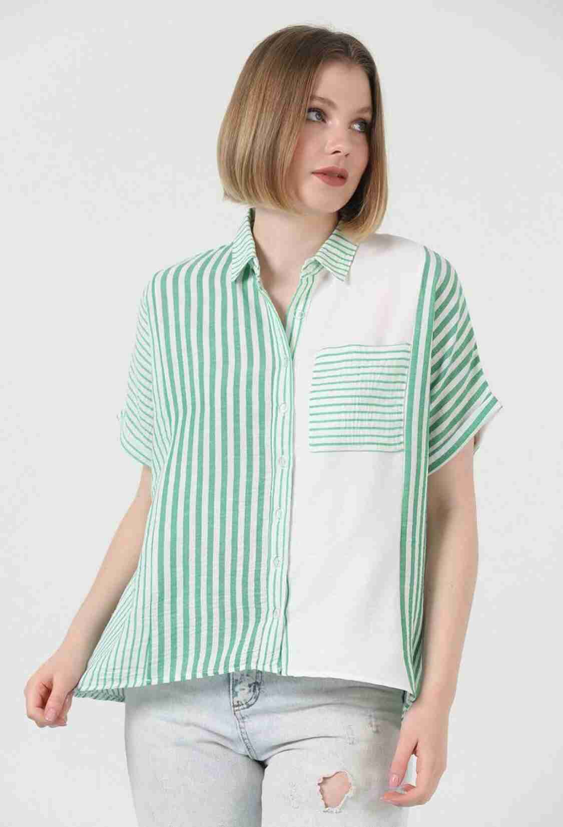 Patched Striped Shirt - Emerald & - Brand: Topshow - Women & Kids, Baby Clothes Wholesale - TheBS Women
