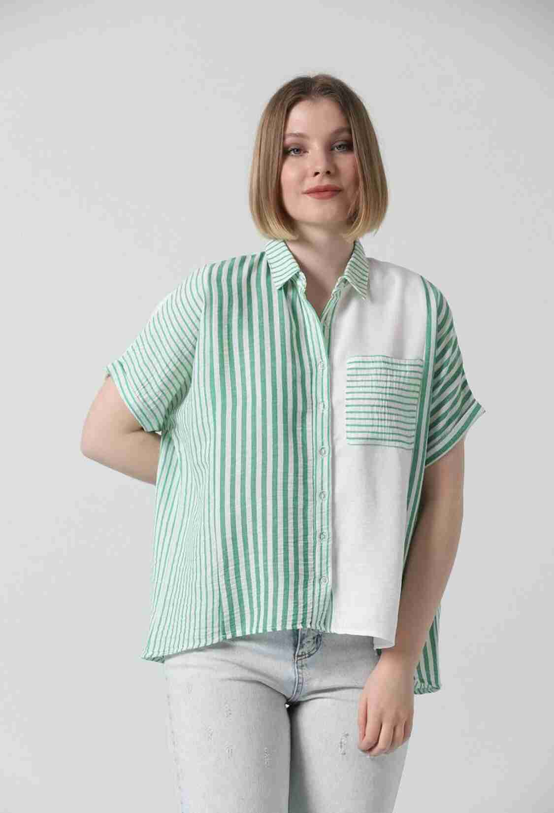 Patched Striped Shirt - Emerald & - Brand: Topshow - Women & Kids, Baby Clothes Wholesale - TheBS Women