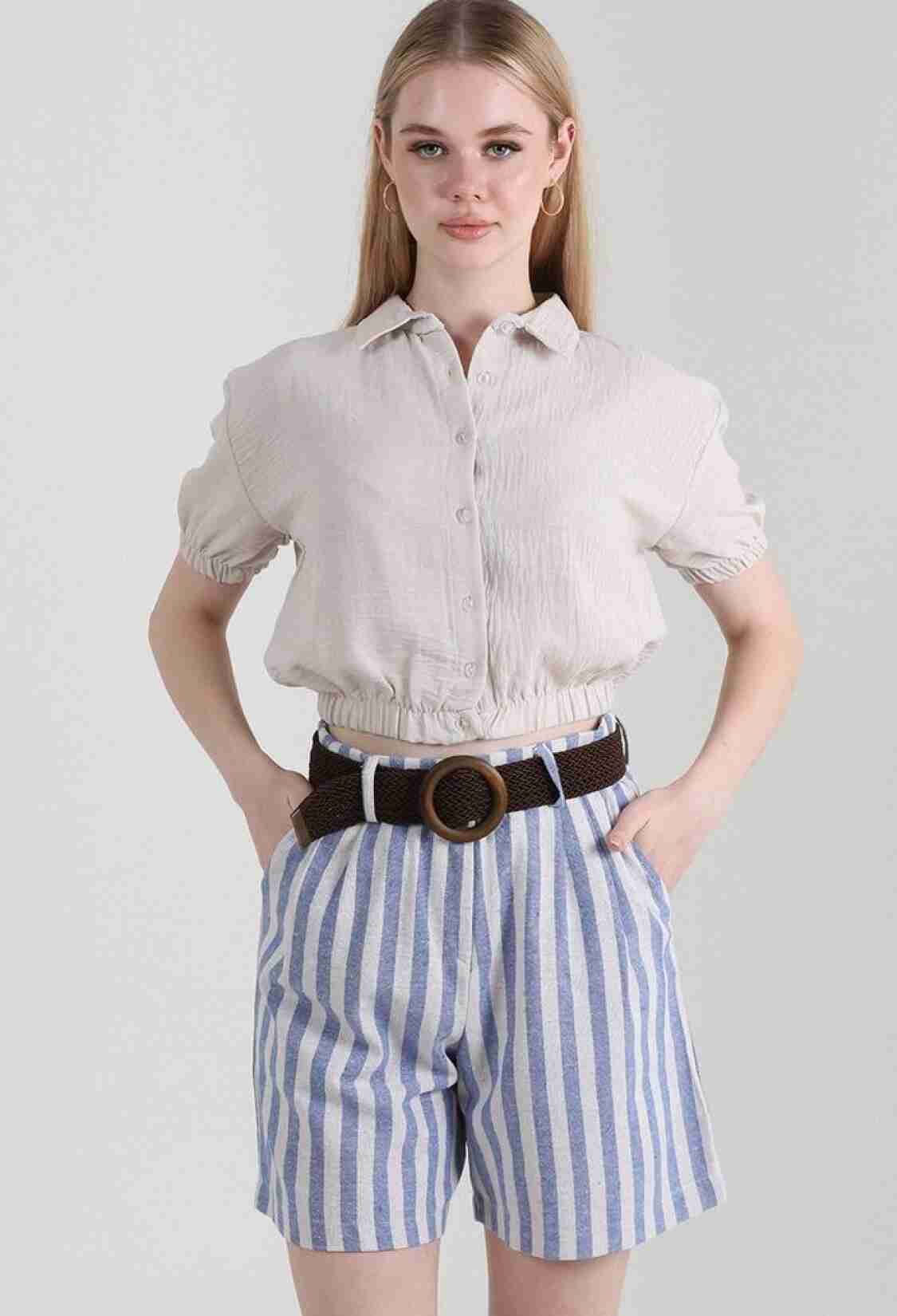 Striped Belted Linen Shorts - Brand: Topshow - Women & Kids, Baby Clothes Wholesale - TheBS Women
