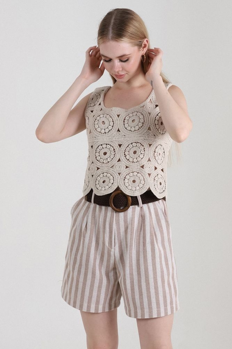 Striped Belted Linen Shorts - Brand: Topshow - Women & Kids, Baby Clothes Wholesale - TheBS Women