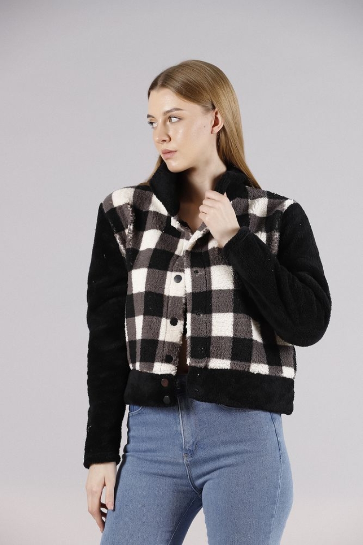 Black Checkerboard Fleece Snap Jacket - Brand: Topshow - Women & Kids, Baby Clothes Wholesale - TheBS Women