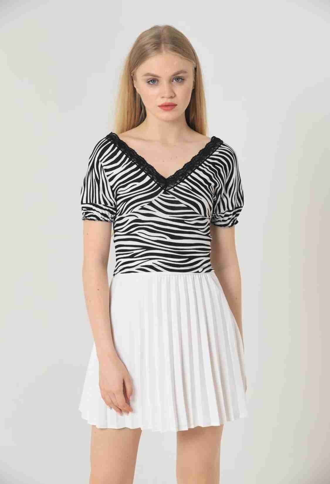 Black Zebra V-Neck Lace Blouse - Brand: Topshow - Women & Kids, Baby Clothes Wholesale - TheBS Women