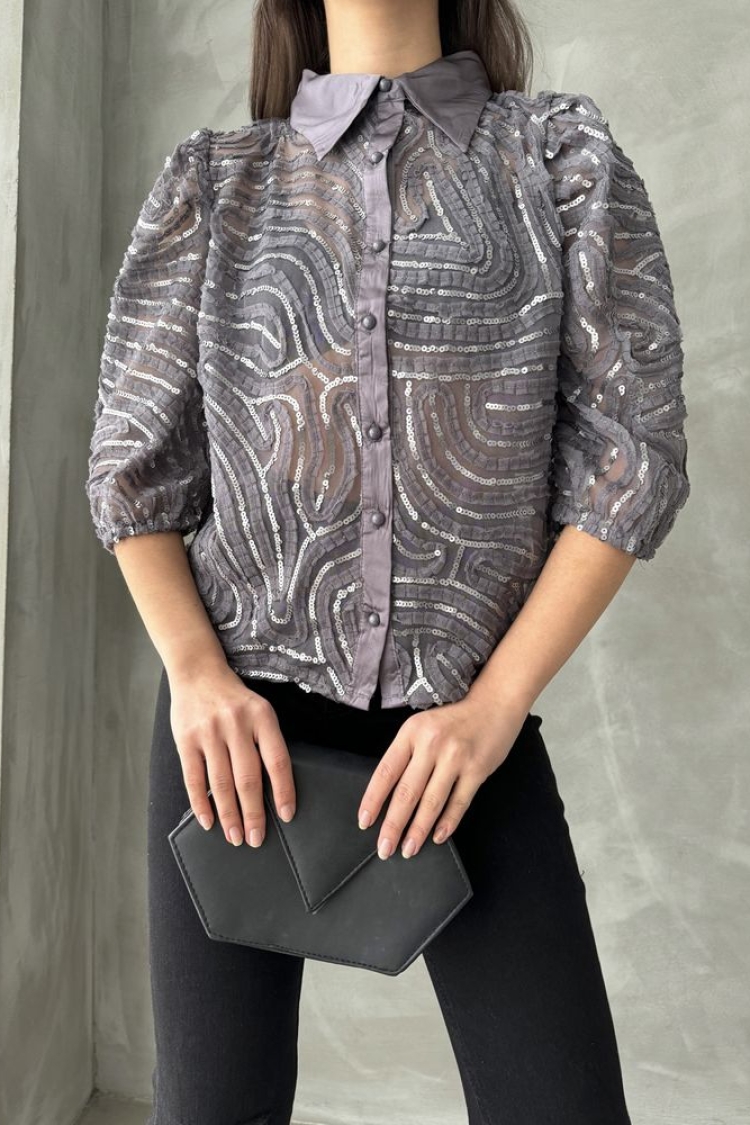 Gray Sequin Embroidered Tulle Shirt - Brand: Topshow - Women & Kids, Baby Clothes Wholesale - TheBS Women