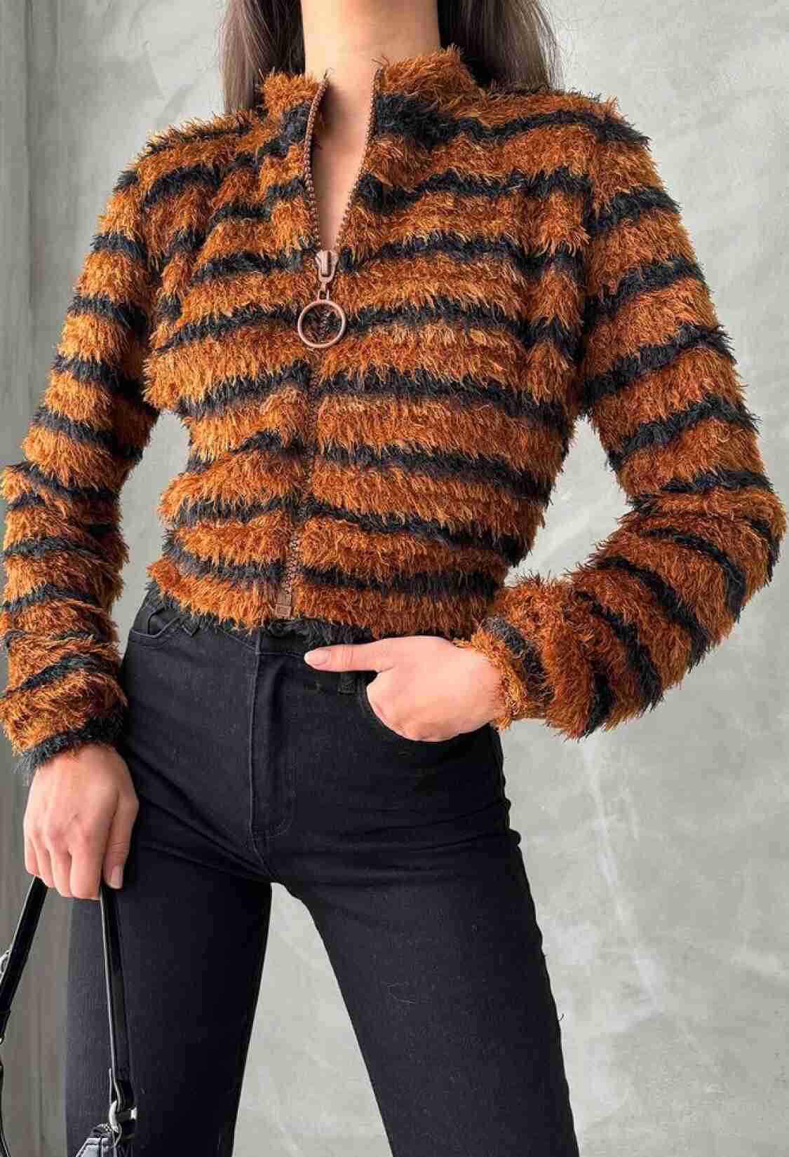 Brown Black Striped Zippered Plush Coat - Brand: Topshow - Women & Kids, Baby Clothes Wholesale - TheBS Women