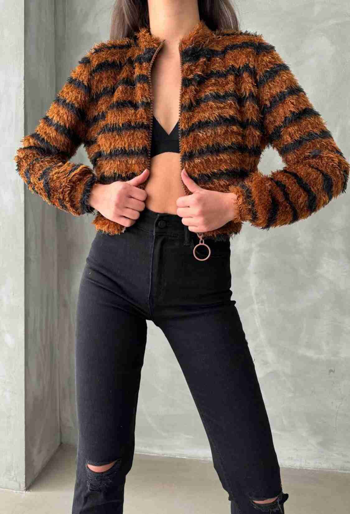 Brown Black Striped Zippered Plush Coat - Brand: Topshow - Women & Kids, Baby Clothes Wholesale - TheBS Women