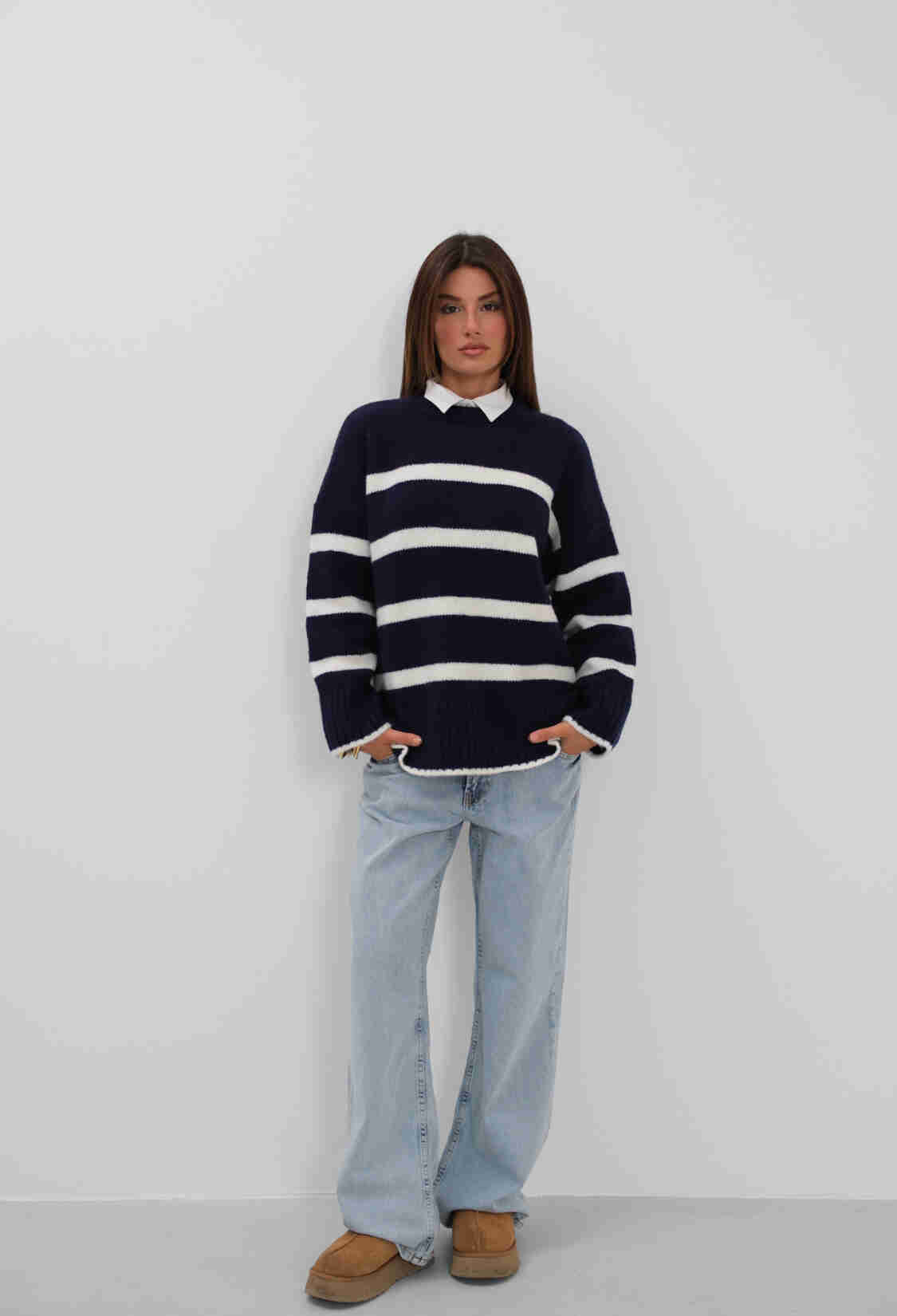 Crew Neck Striped Knitted Sweater - Brand: Black Fashion - Women & Kids, Baby Clothes Wholesale - TheBS Women