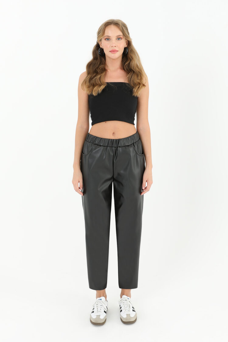 Women's Elastic Waist Pocket Detailed Leather Trousers - Brand: Puane - Women & Kids, Baby Clothes Wholesale - TheBS Women