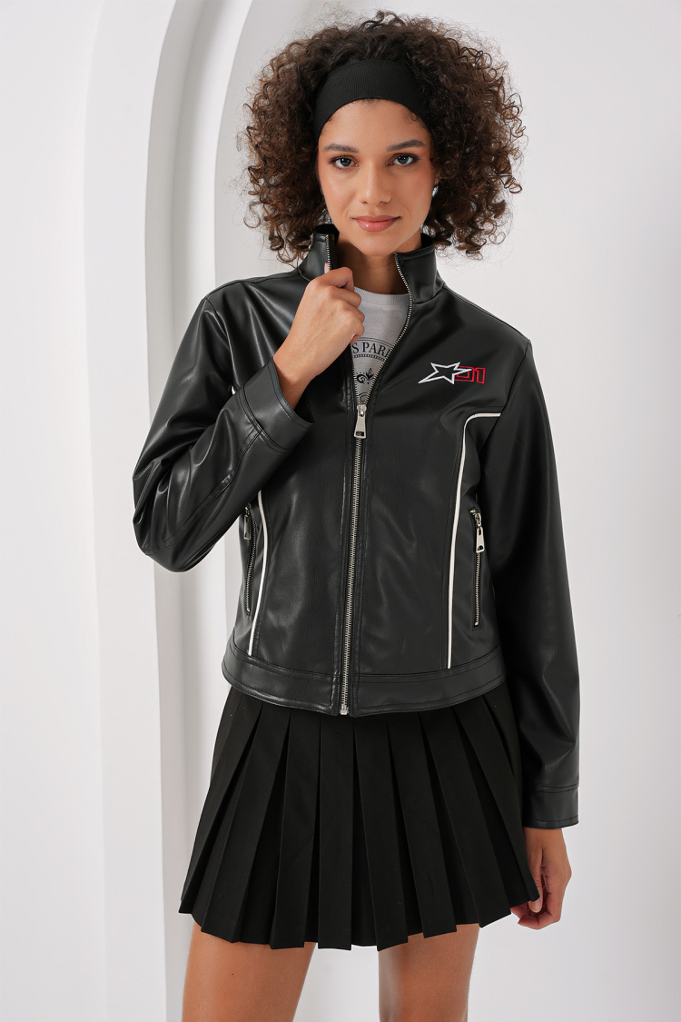 Stand Collar Faux Leather Jacket - Black - Brand: Bigdart - Women & Kids, Baby Clothes Wholesale - TheBS Women