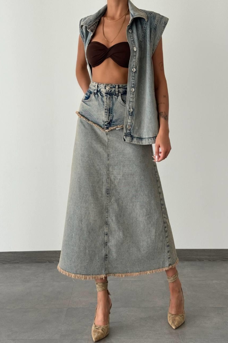 Dirty Stitch Detailed Wrist LengthTint Denim Skirt - Brand: LACARINO - Women & Kids, Baby Clothes Wholesale - TheBS Women