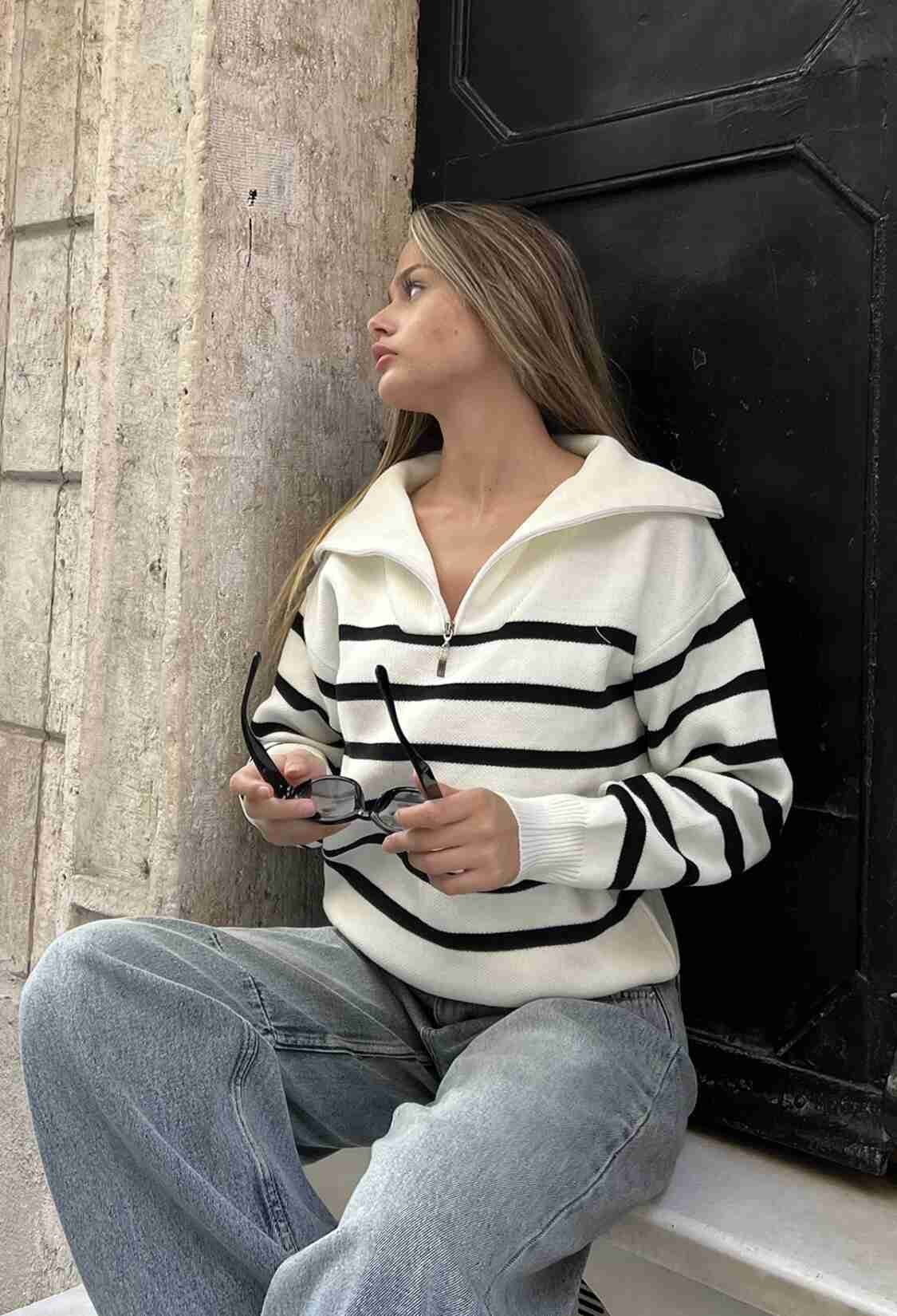 Striped Zippered Knitwear Sweater - Brand: la & vetta - Women & Kids, Baby Clothes Wholesale - TheBS Women