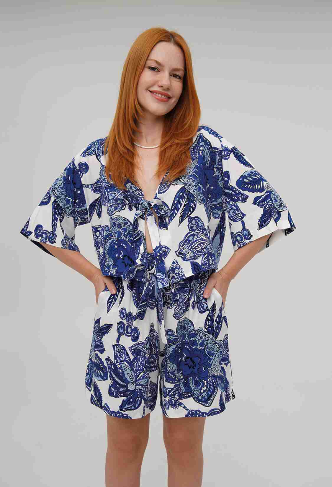 V Neck Front Tie Pattern Shorts Blouse Wholesale Blue Suit - Brand: Lustrin - Women & Kids, Baby Clothes Wholesale - TheBS Women